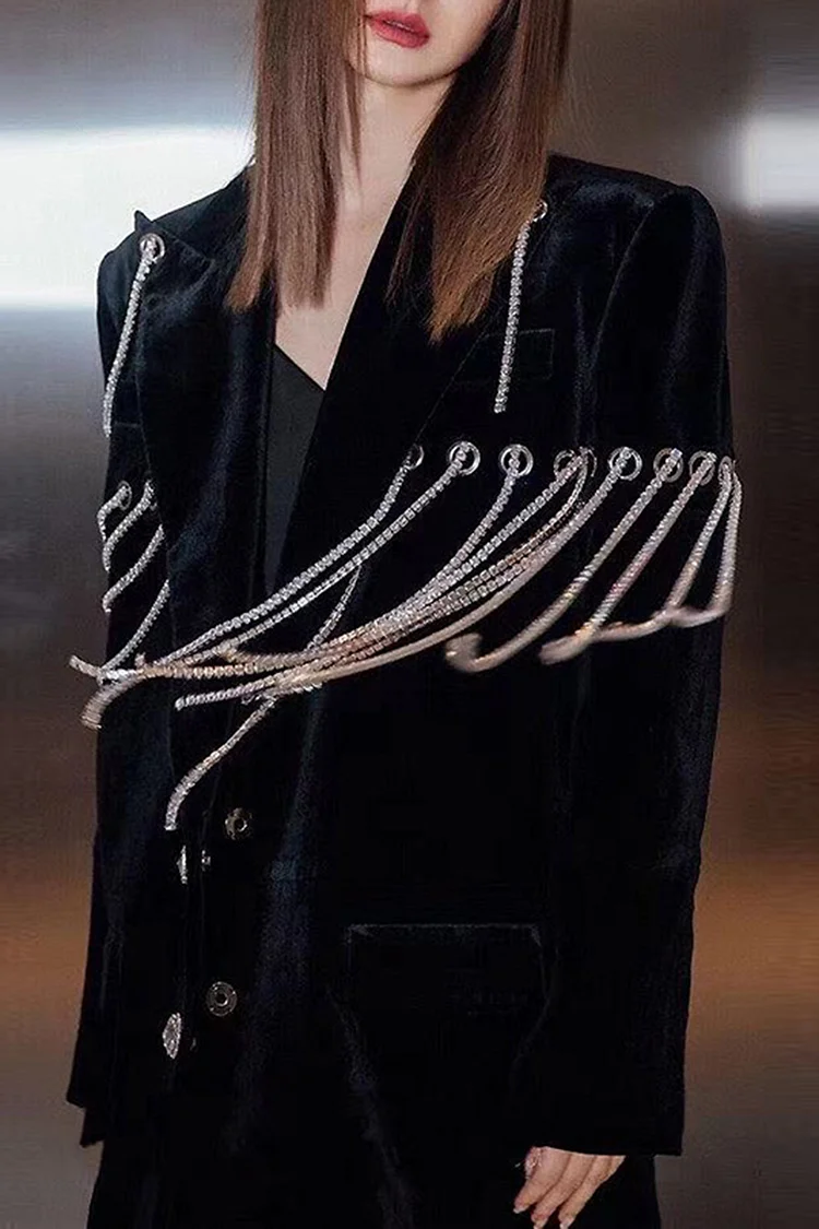 Velvet Fringe Chain Lapel Collar Blazer-Black