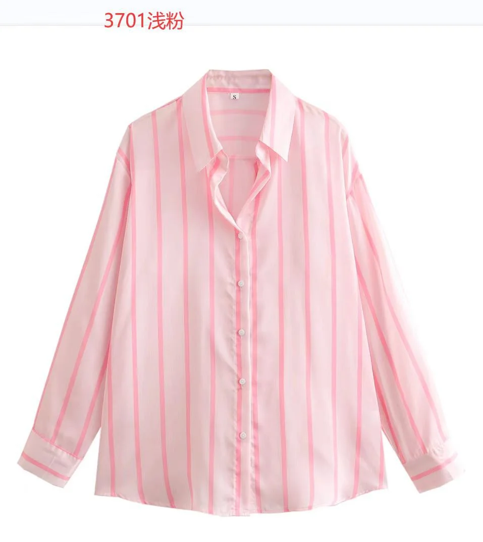 Zingj Zingj New Fashion Temperament Lapel Multi-Color Stripe Silk Satin Texture Long Sleeve Loose Shirt Female