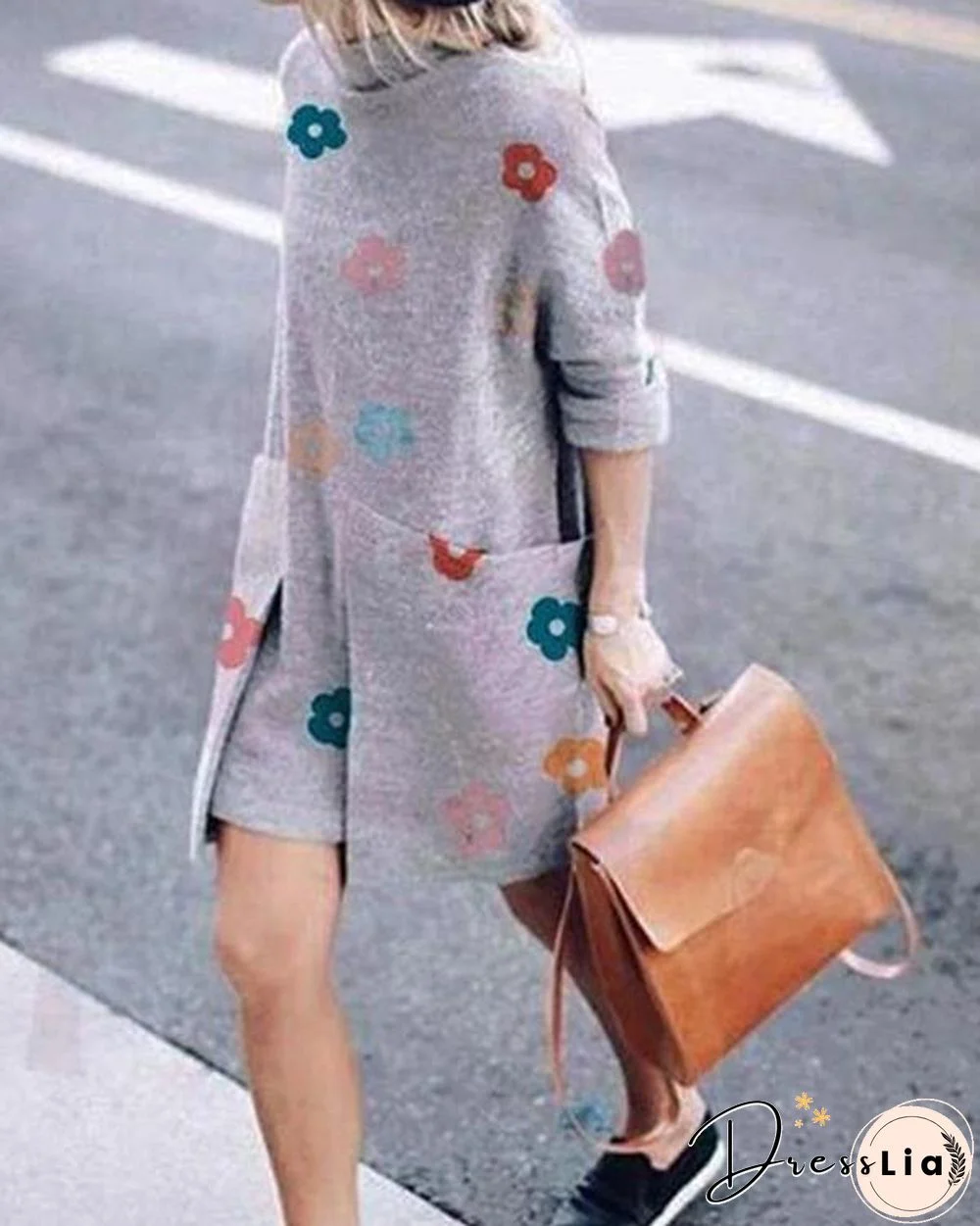 Fashion  Long sleeve Print Irregular Shift Dresses