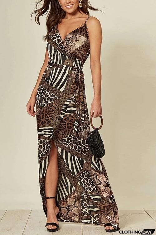 Lepard Patchwork Slip Maxi Dress