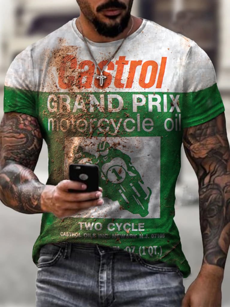Mens retro motorcycle engine oil print casual T-shirt