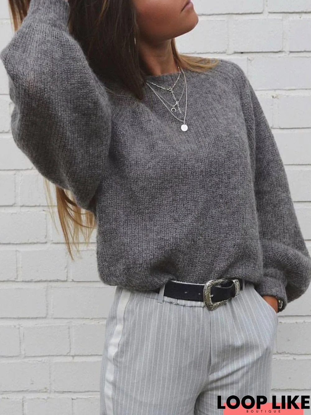 Grey Long Sleeve Casual Plus Size Sweater