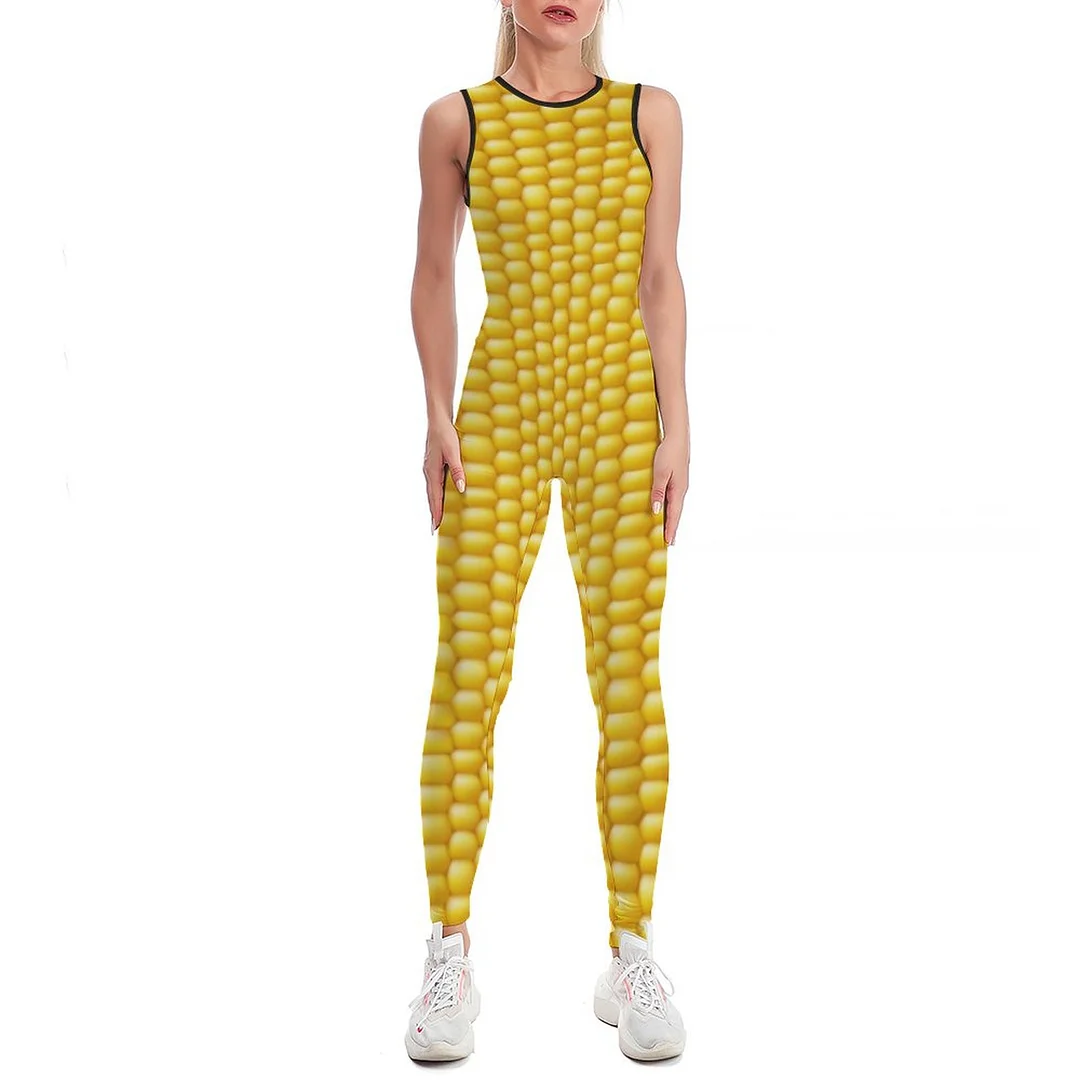 Corn Cob Background Bodycon Tank One Piece Jumpsuits Long Pant Retro Yoga Printing Rompers Playsuit for Women