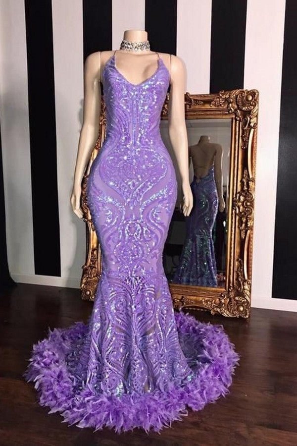 Gorgeous Sleeveless Lace Sequins Prom Dress Mermaid With Feather | Ballbellas Ballbellas