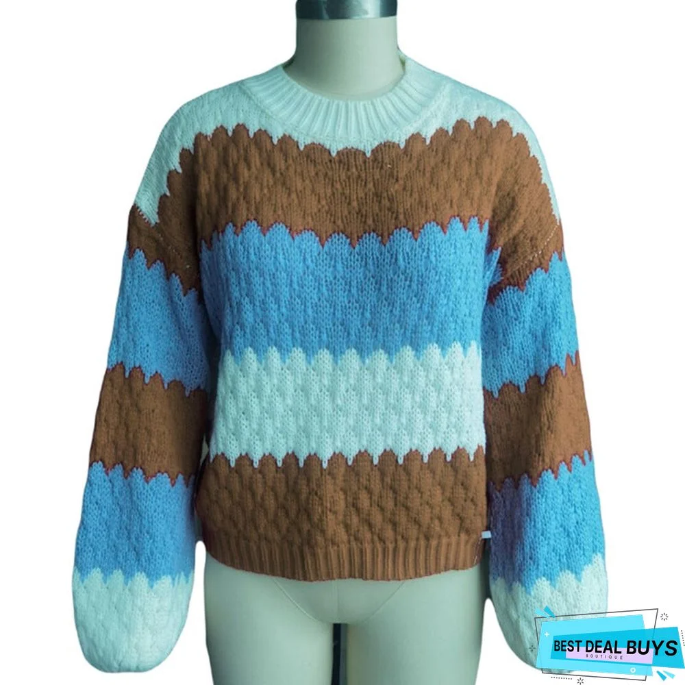 Women's Casual Loose Color Matching Pullover Bubble Sleeve Sweater