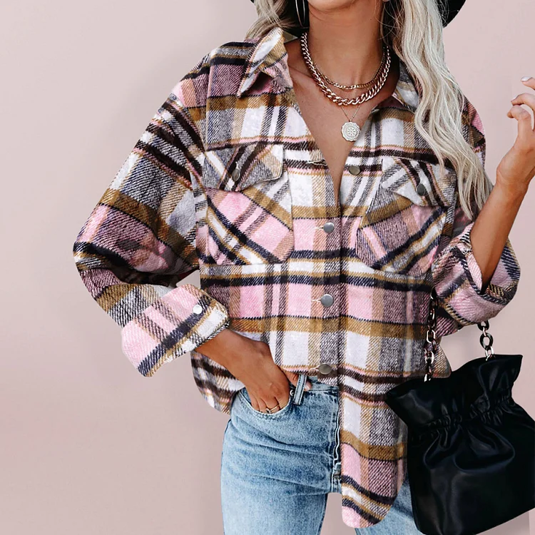 Women’s Corduroy Plaid Print Point Collar Button Front Closure Shirt Flusfy
