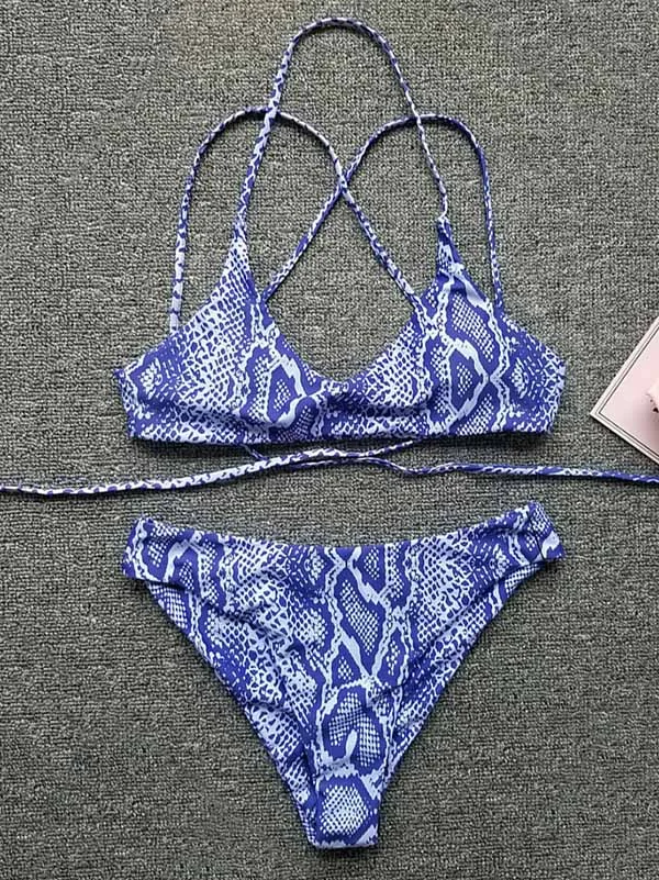 Snake-Print Bandage Backless Split Bikini Swimsuit