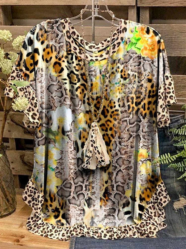 Women's Crew Neck Brown Yellow Floral Leopard Print Short Sleeve Top