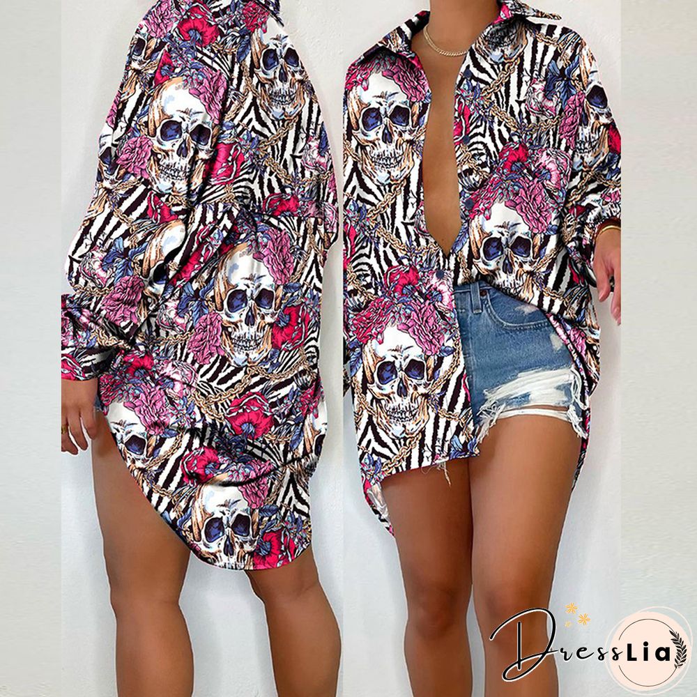 Women Elegant New Halloween Blusas Mujer Fashion Retro Chain Floral Skull Blouses Shirts Casual Ladies Lapel Printed Loose Tops