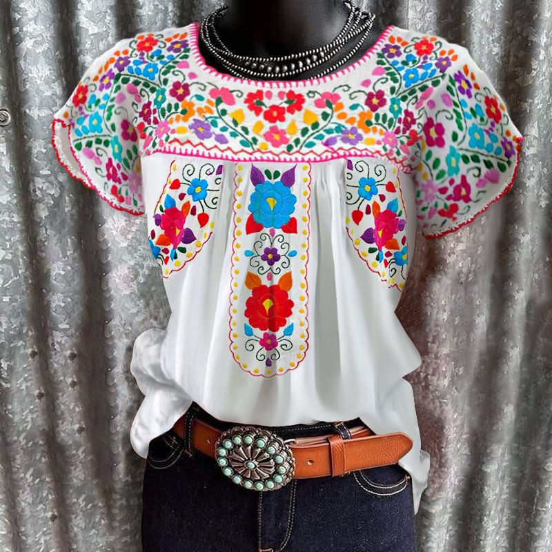 Beautiful floral embroidery graphic tees designer