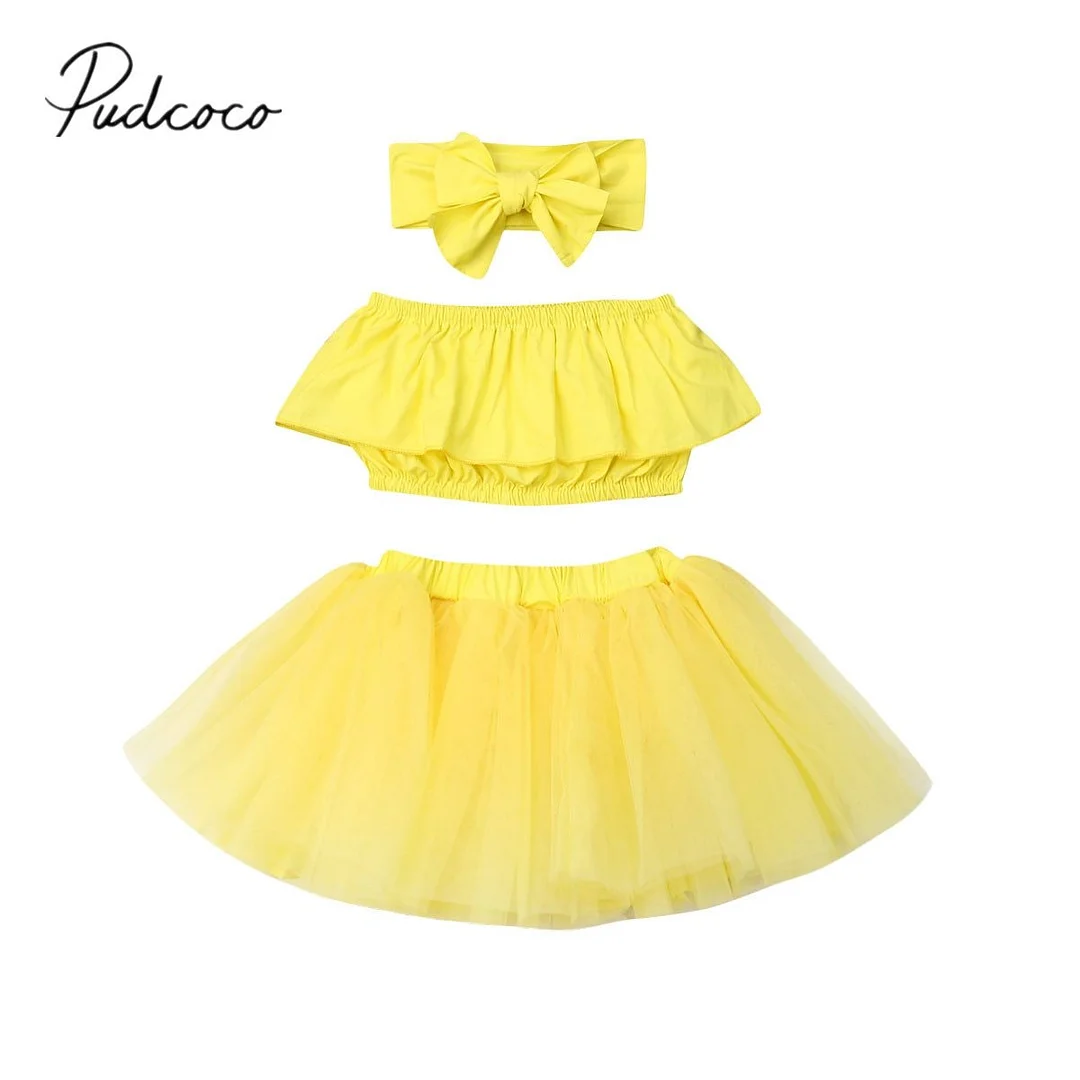 2019 Baby Summer Clothing Toddler Kids Baby Girl Outfits Yellow Sleeveless Vest Strapless Tops+ Chiffon Skirt+Headband 3PCS Set