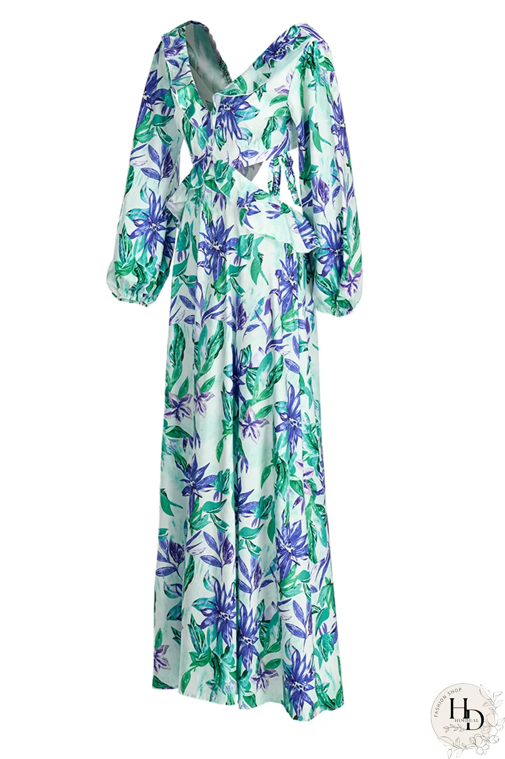 Green Casual Print Patchwork V Neck Cake Skirt Dresses