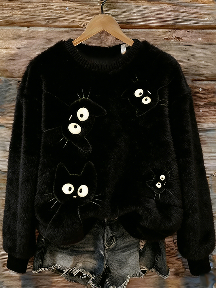 Black Night Cat Plush Flannel Crew Neck Sweatshirt wearshes