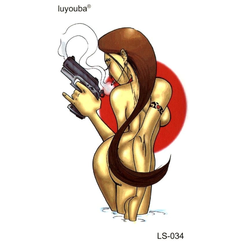 A woman with a pistol waterproof temporary tattoos men harajuku flash tattoo sticker Killer tatoo sleeves fake tatto
