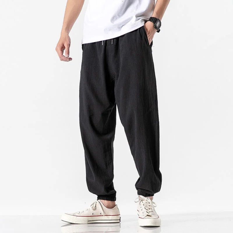 Privathinker Cotton Linen Man's Joggers 2021 Men Solid Color Casual Harem Pants Baggy Male Solid Color Pants Men Clothing