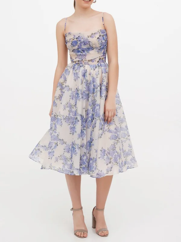 Strap floral print tight A-line midi dress