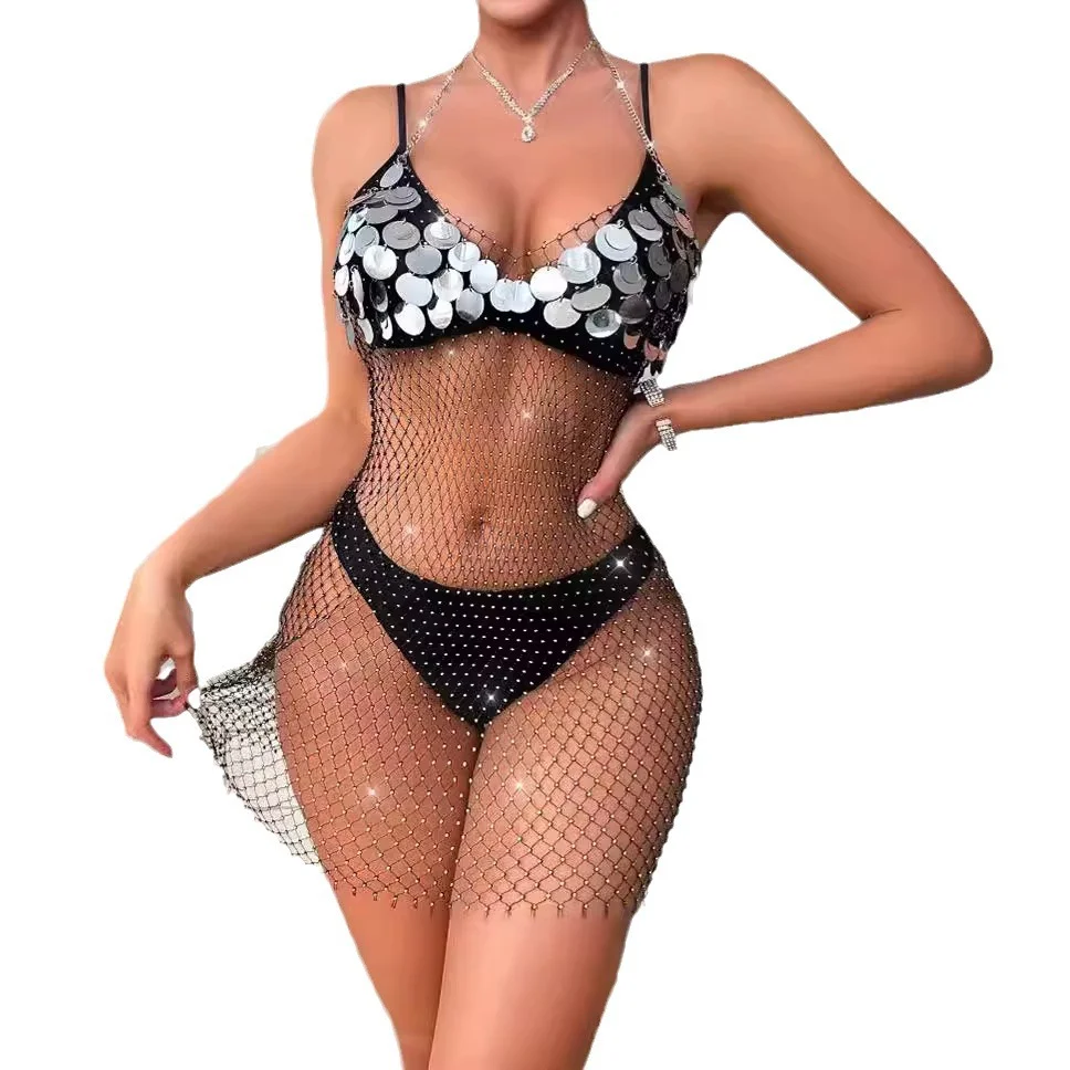 Uveng Uveng Women's Fishing Net Flash Grid Elastic Beach Sexy Sling Dress Y22191