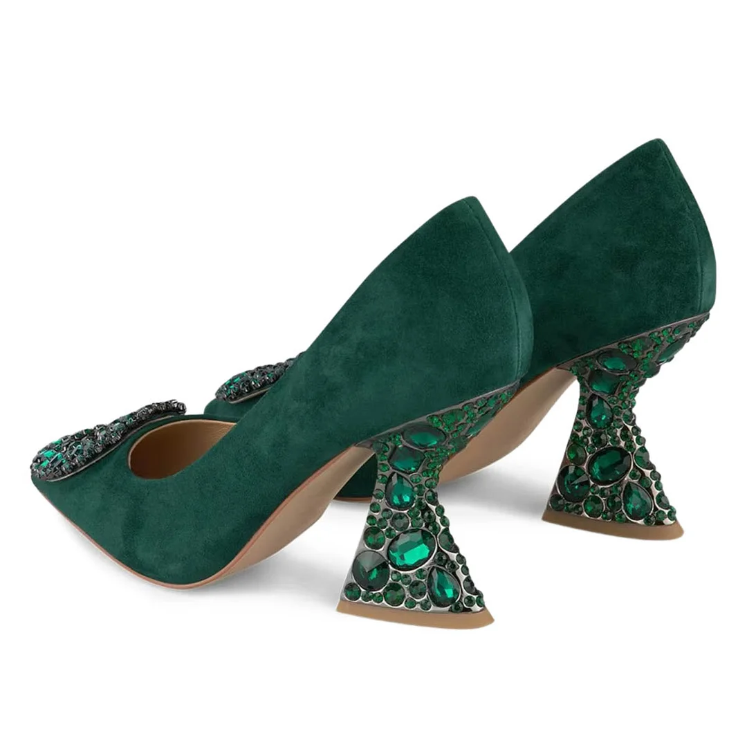 Leopard Faux Suede Pointed Rhinestone Embellished Decorative Heels