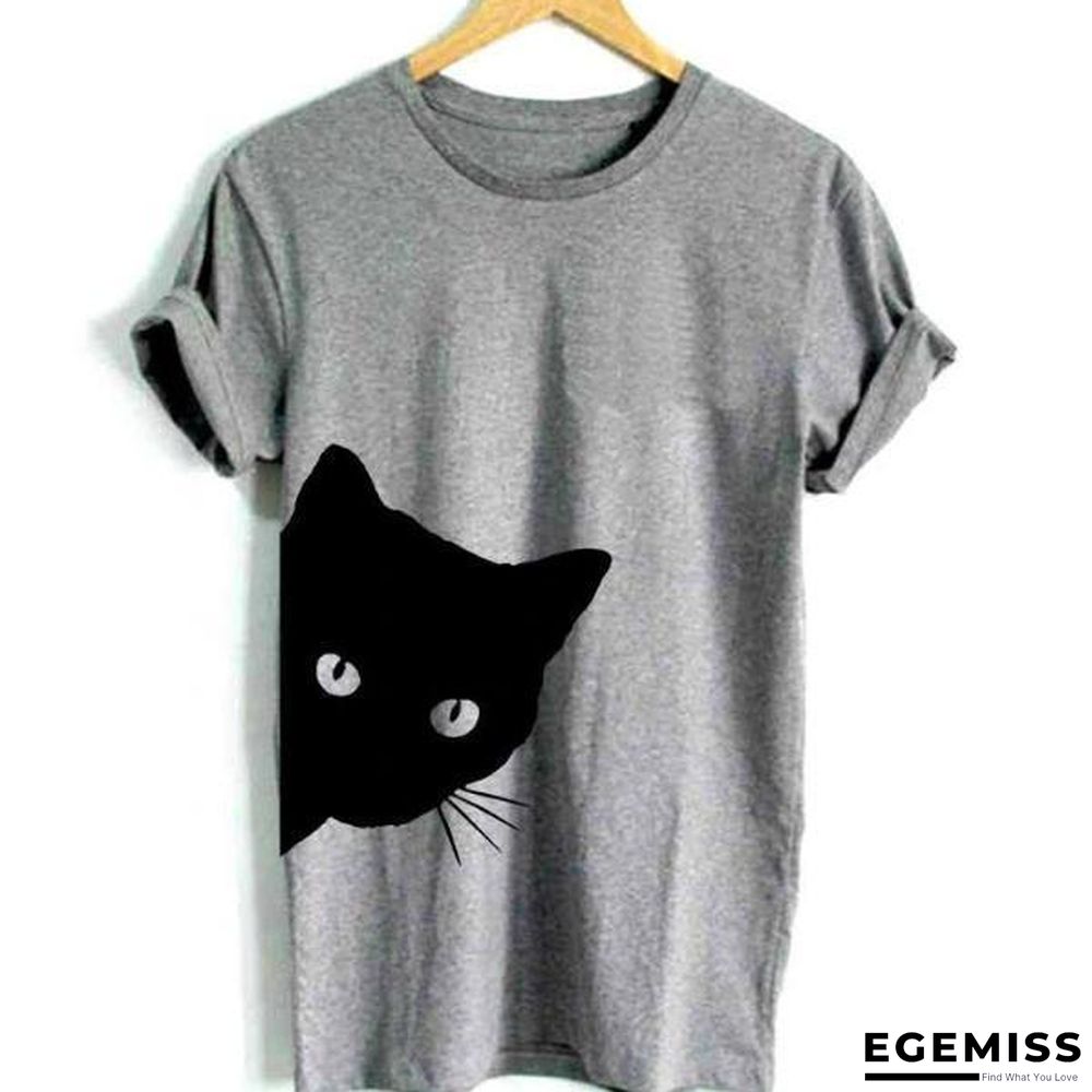 Cat Looking Print Women T-Shirt Cotton Casual Top Tee | EGEMISS