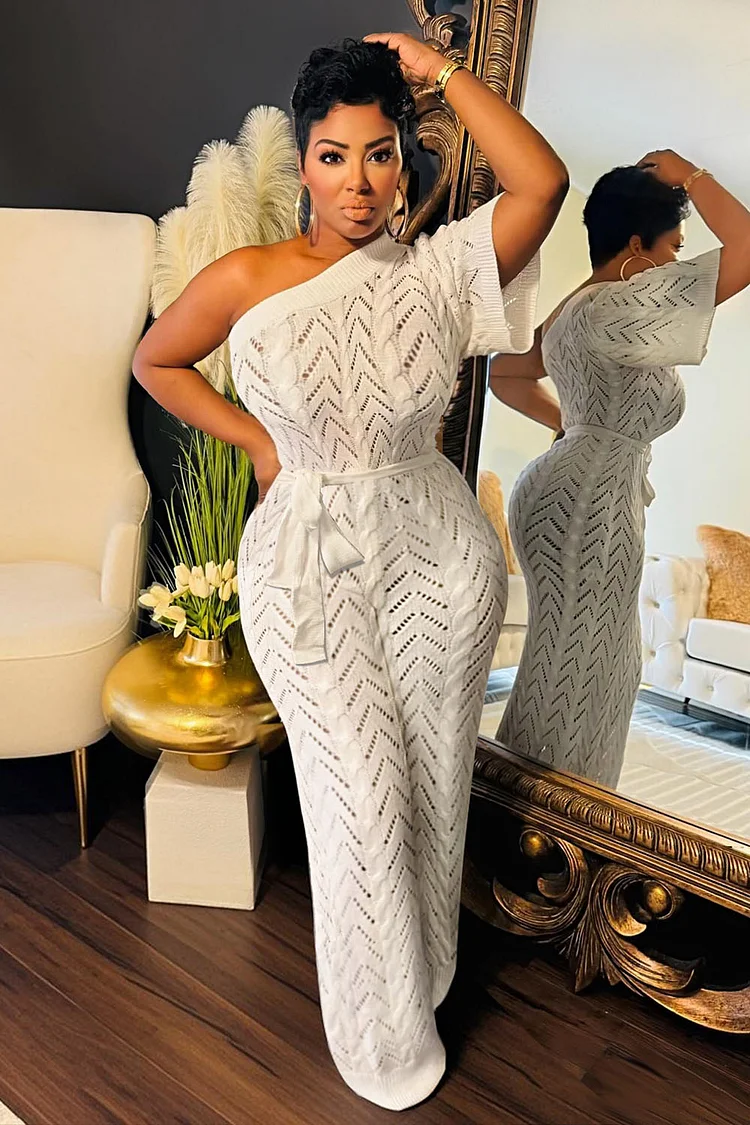 One Shoulder Pattern Knit Cinched Vacay Wide Leg Jumpsuit-Beige [Pre Order]