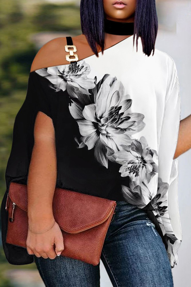 Plus Size Navy Blue Daily Tropical Floral Print Oblique Collar Blouse