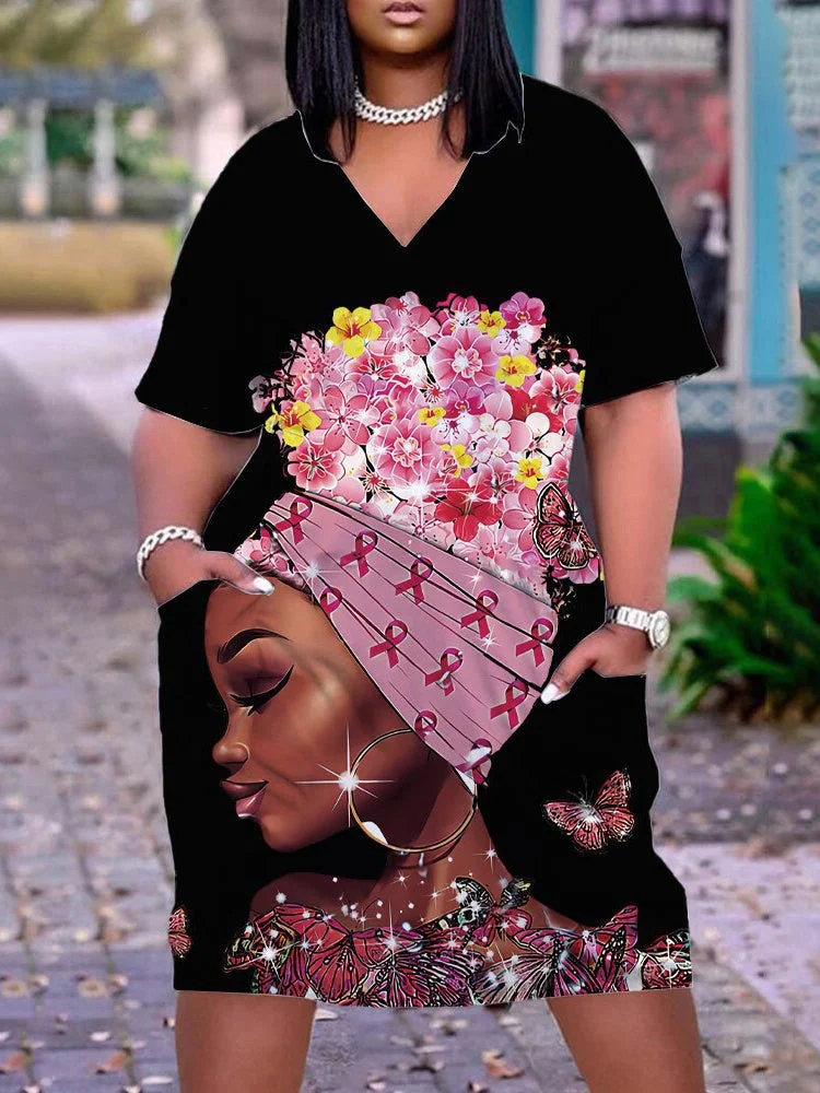 Digital Print V-Neck Casual Pocket Dress