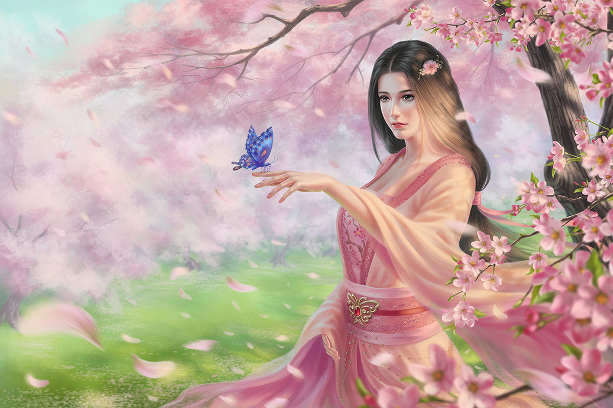 Ancient Girl Butterfly Peach Blossom 50*30CM(Canvas) Full Round Drill Diamond Painting gbfke