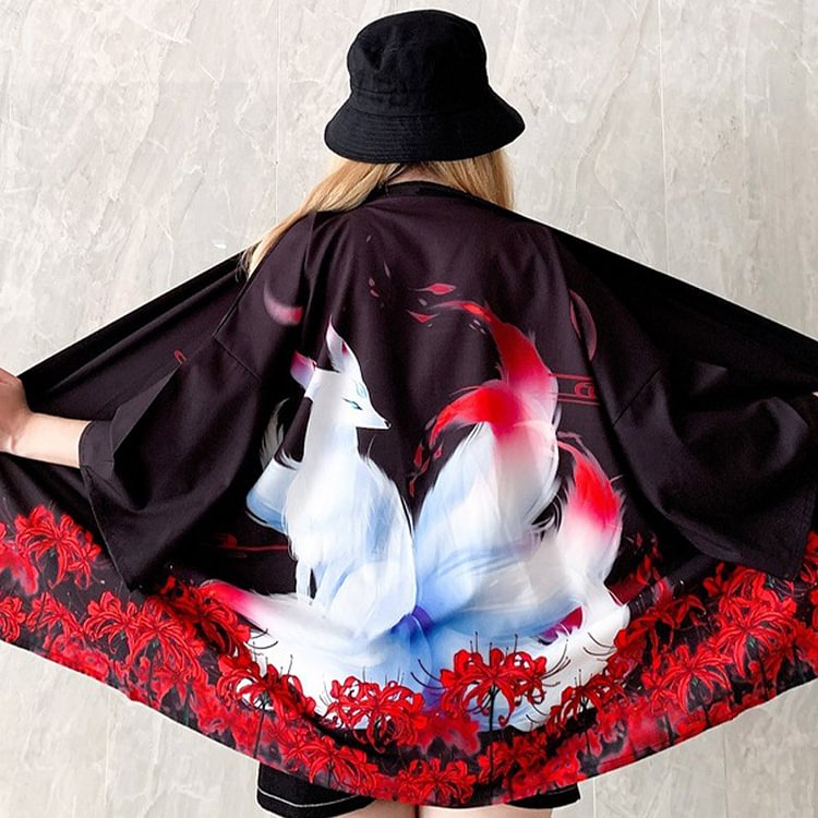 Vintage Anime Fox Blossom Print Cardigan Kimono Outerwear - Modakawa Modakawa
