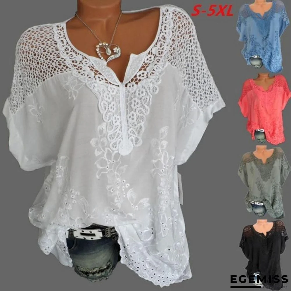 Large Size Women Short-sleeved Blouse V-neck Bat Sleeve Lace Blouse Tops | EGEMISS