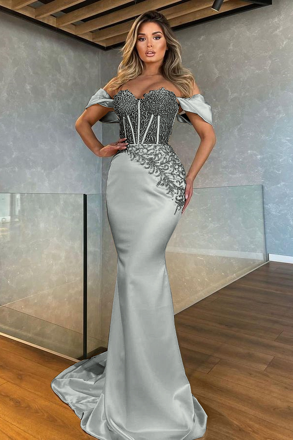 Hidais Stunning White Sweetheart Off the Shoulder Mermaid Evening Dress With Appliques