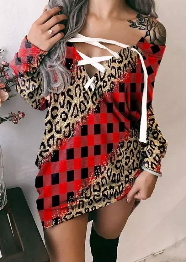 Leopard Plaid Lace Up Mini Dress