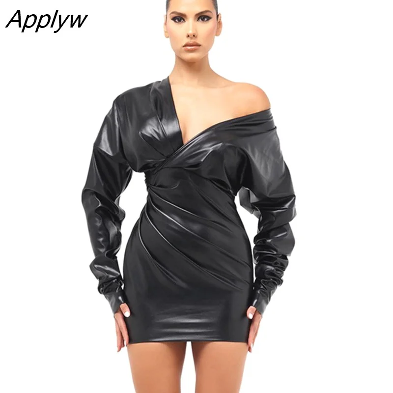 Applyw Women Long Sleeve Pu Leather Bodycon Party Club Streetwear Mini Dress 2022 Autumn Clothes Wholesale Items For Business