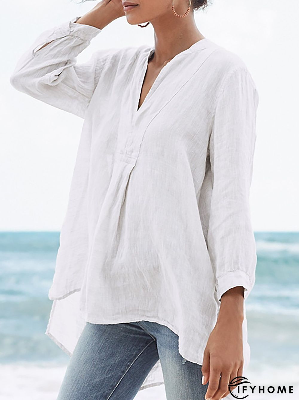 Solid V Neck Casual 3/4 Sleeve Plus Size Shirts | IFYHOME