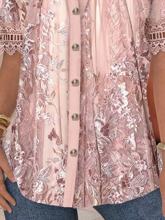 Women Short Sleeve V-neck Floral Printed Graphic Lace Hollow Stitching Button Tops