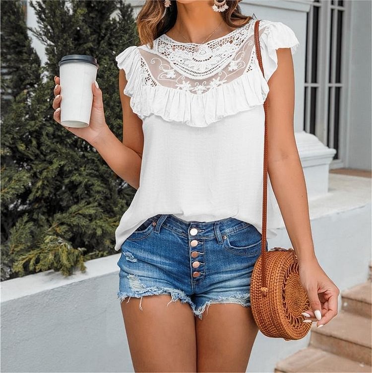 Crew Neck Lace Panel Chiffon Top
