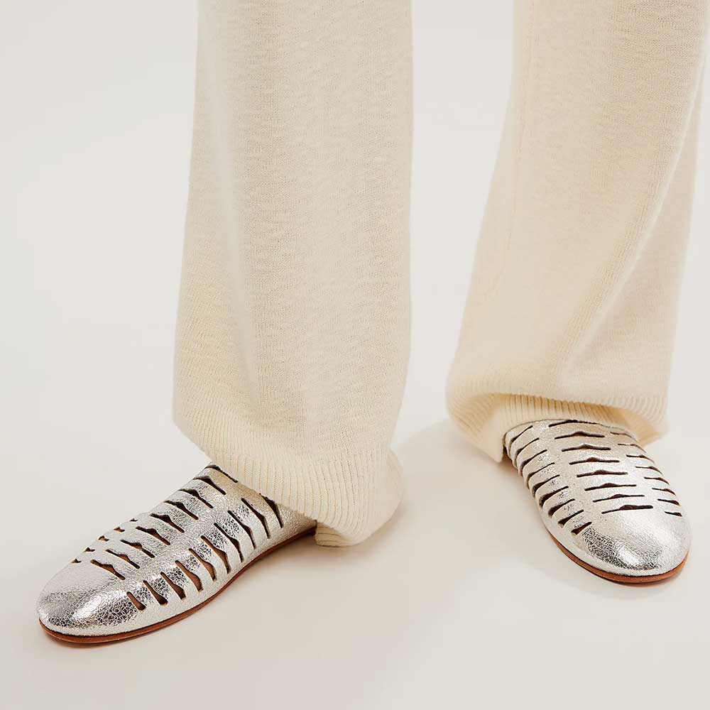 Silver Vegan Leather Round Toe Flat Cut-Out Slip-On Mules Nicepairs