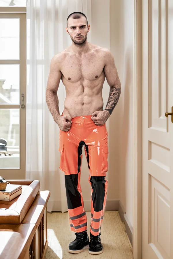 Men's Orange & Black Latex Pants Male Male Fireman Style Uniform Pants Loose-fitting Casual Pants