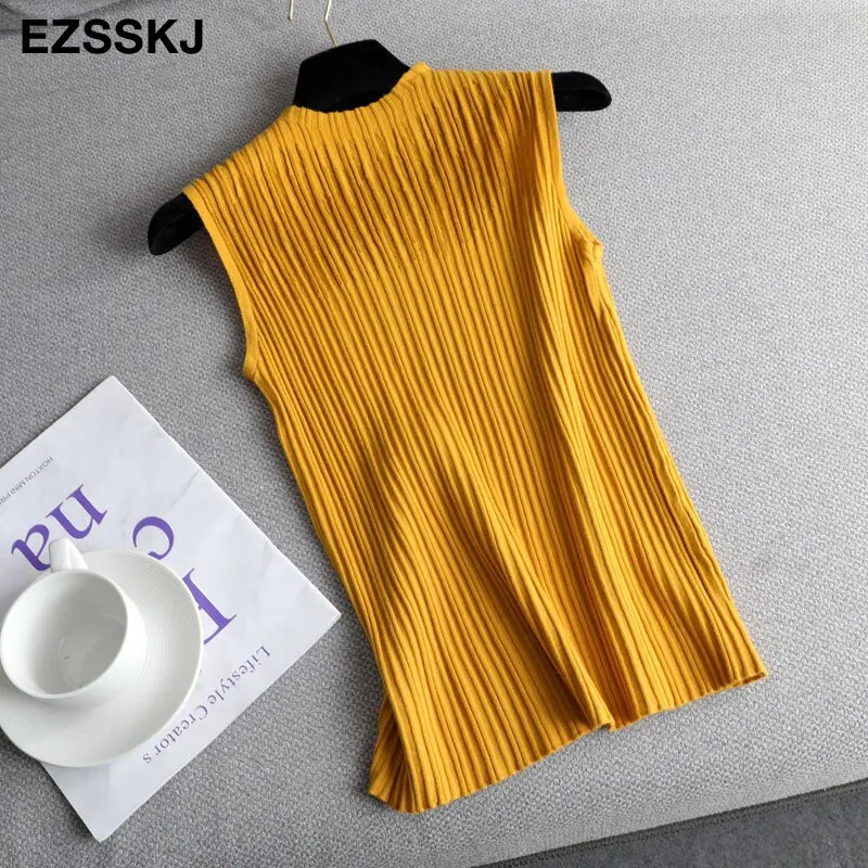 elegant Top spring autumn Knitted Tank top Women Blouse turtlenck sexy Sleeveless sweater vest Female slim top