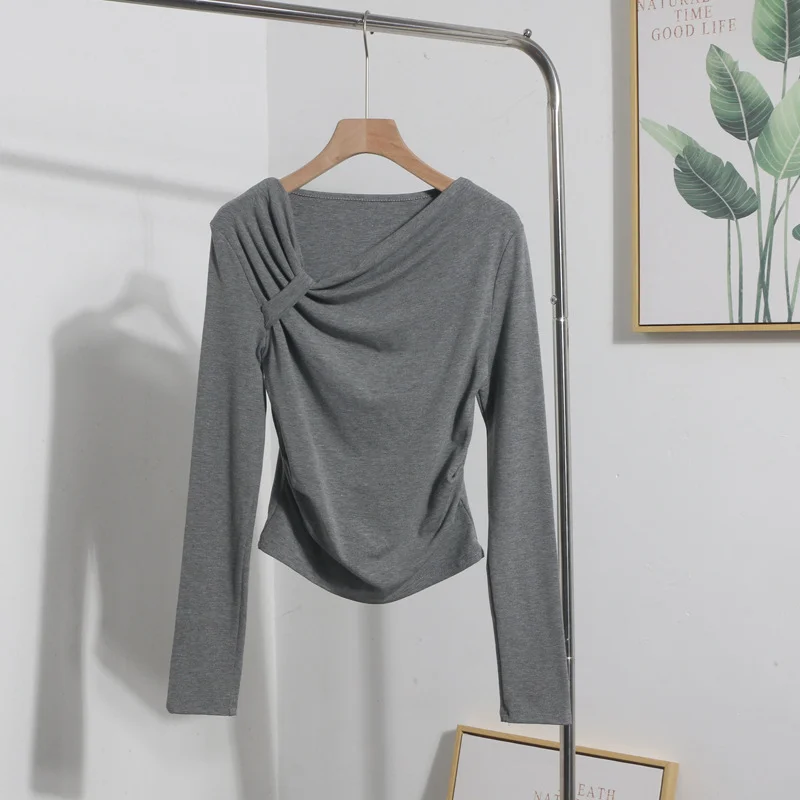 Uveng Side Bow Tie Design Folded Long-Sleeved T-Shirt Slim Thin Autumn Dress T-Shirt Short Top 1662