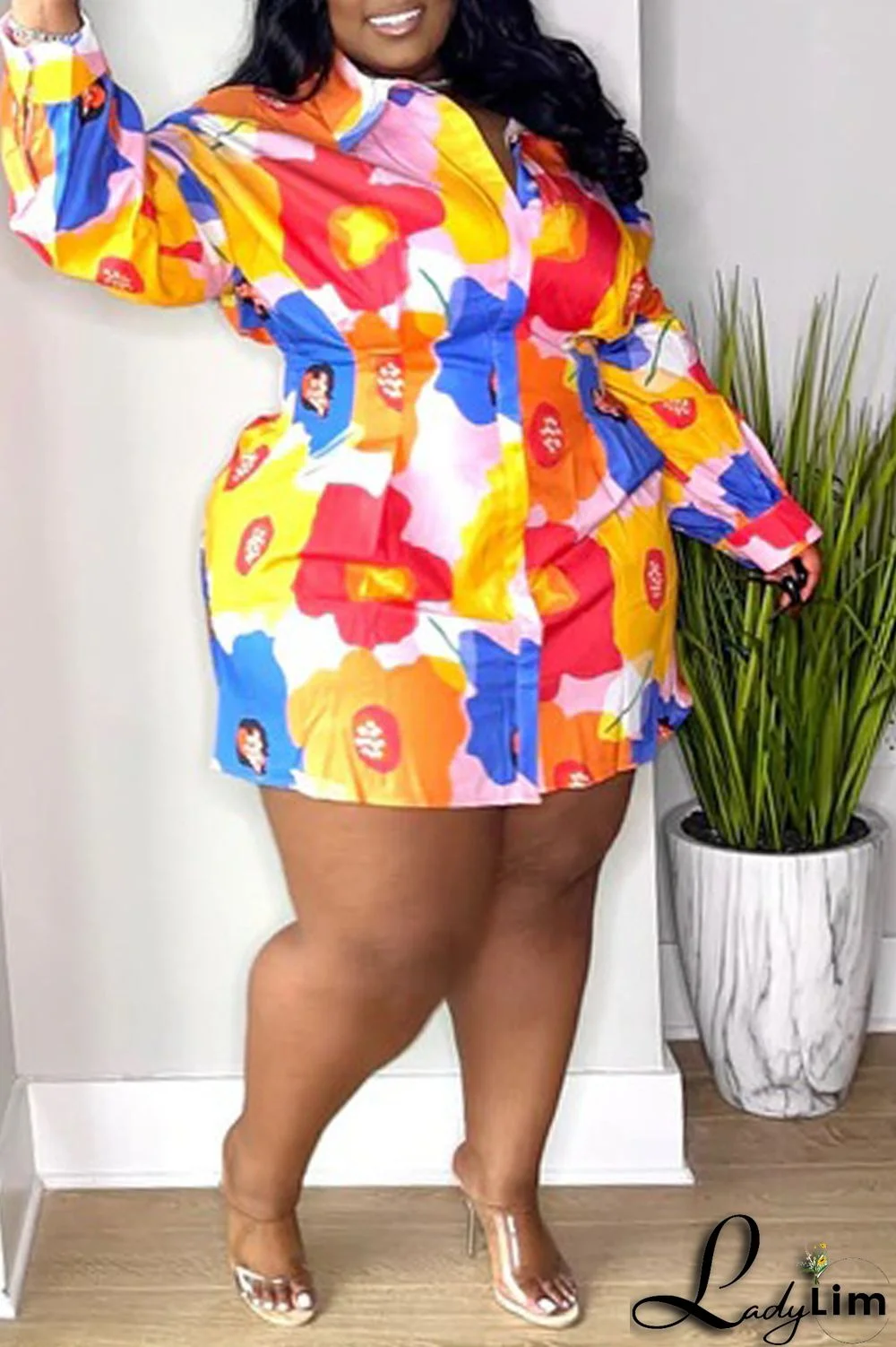 Multicolor Fashion Casual Print Basic Turndown Collar Long Sleeve Plus Size Dresses