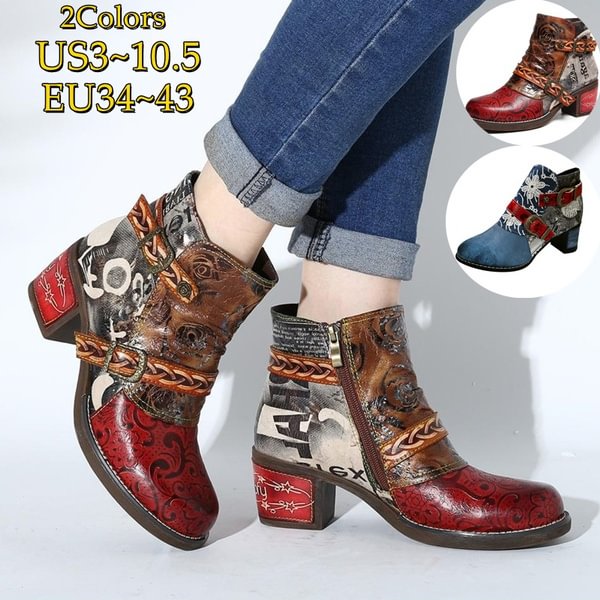 New Fashion Women Printed Boots Stitching Low Heel Ankle Boots Elegant Ladies Short Boots Plus Size Women's Shoes - Shop Trendy Women's Fashion | TeeYours