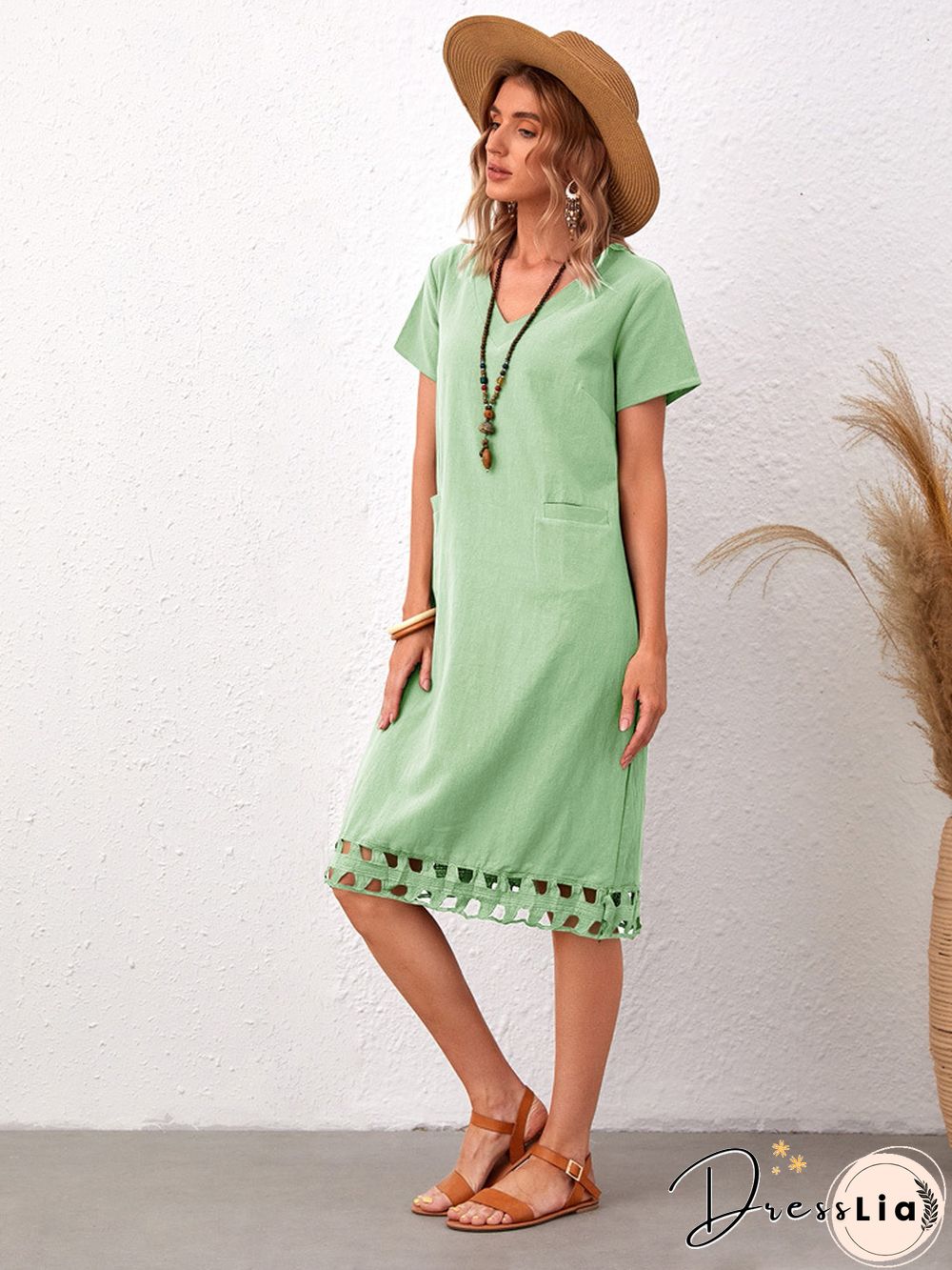 Fashionable And Versatile V-neck Short Sleeve Slim Solid Cotton Linen Dress