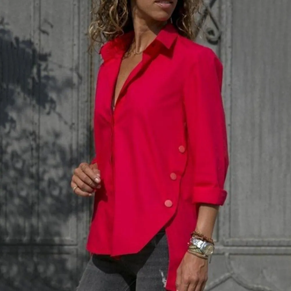 Women Casual Turn Down Collar High-low Hem Side Buttons Decor Plus Size Shirt suitable for travel daily Loose style plus size