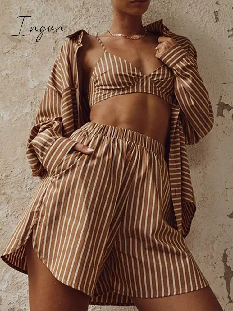 Ingvn - Women Tracksuits Shirt With Mini Shorts Cotton Two Pieces Sets Summer Fashion Clothing