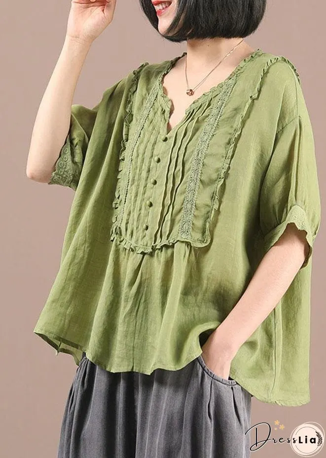 Stylish Green Wrinkled Button Summer Linen Shirt Half Sleeve