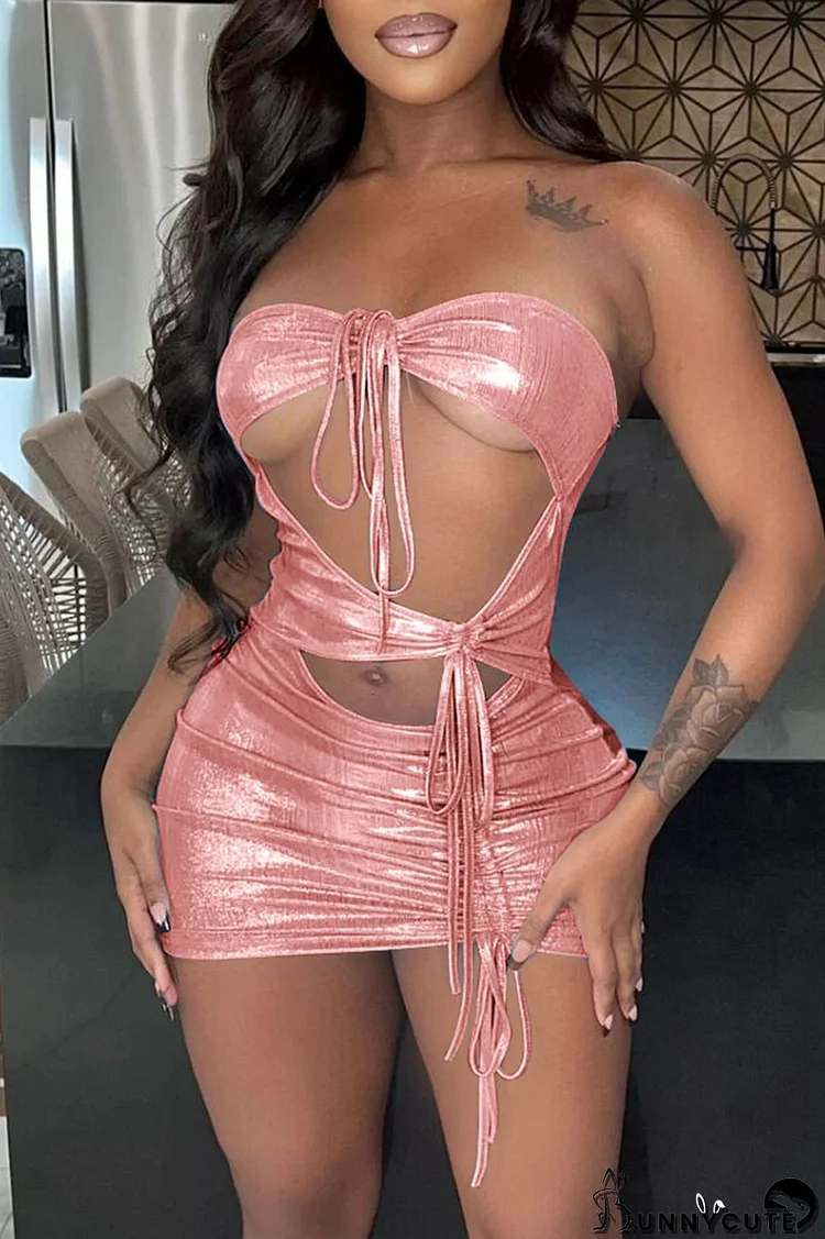 Nude Pink Sexy Solid Bandage Backless Strapless One Step Skirt Dresses