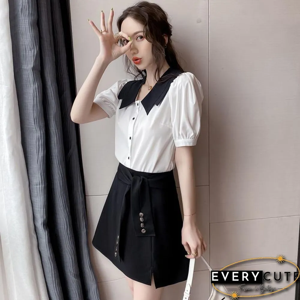 Lapel Chiffon Tee+black Skirt P13068