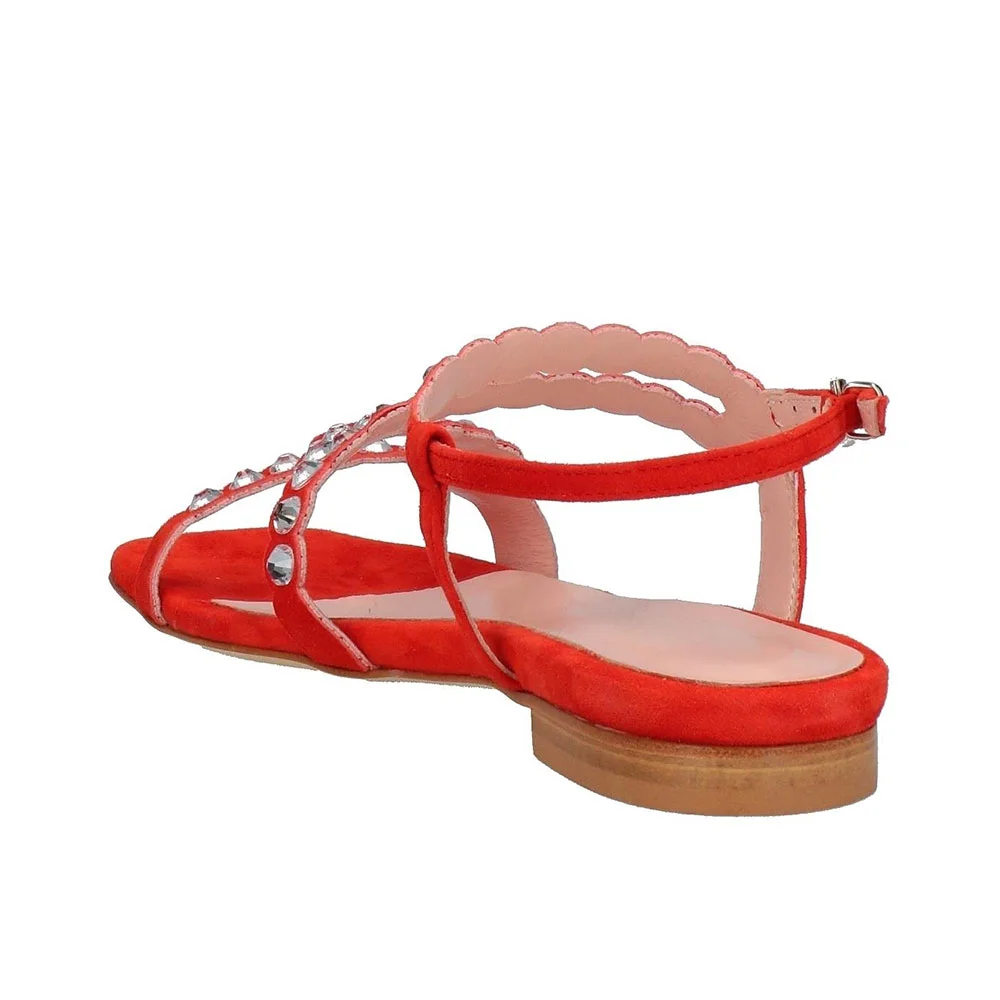 Square Toe Buckled Strappy Red Rhinestone Flat Sandals for Women