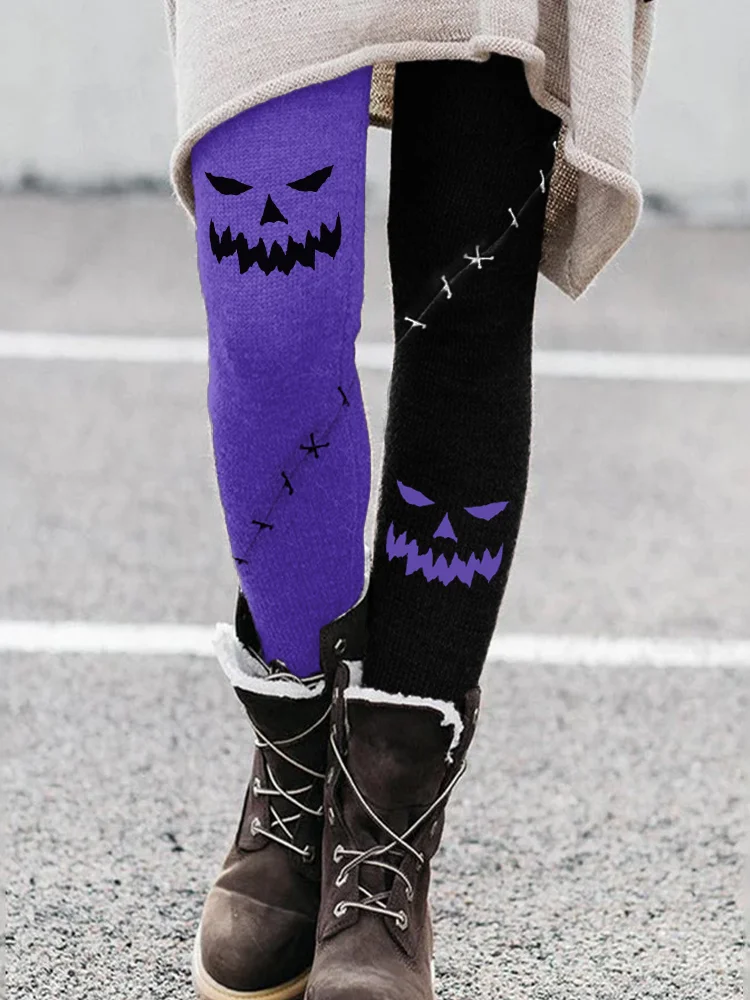 Halloween Pumpkin Face Contrast Color Leggings