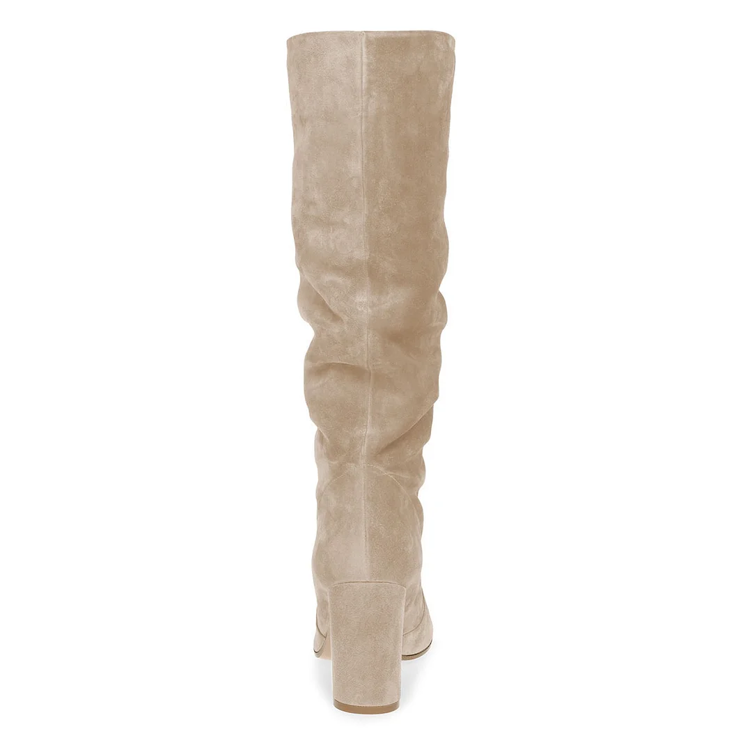 Beige Vegan Suede Chunky Heel Slouch Long Boots with Round Toe